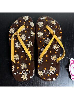 Vintage Y2K SUGAR Flip Flops Womens Size Small (5/6) Brown/Orange w/Hearts
